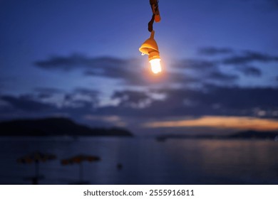 A single light bulb hanging against a twilight sky on the sea beach. - Powered by Shutterstock