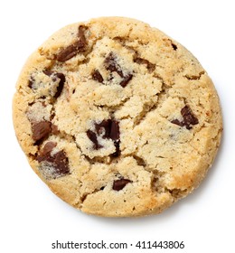 Single Light Chocolate Chip Cookie Isolated On White From Above.