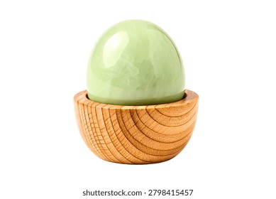 Single light green easter egg resting inside a rustic wooden cup isolated on white background