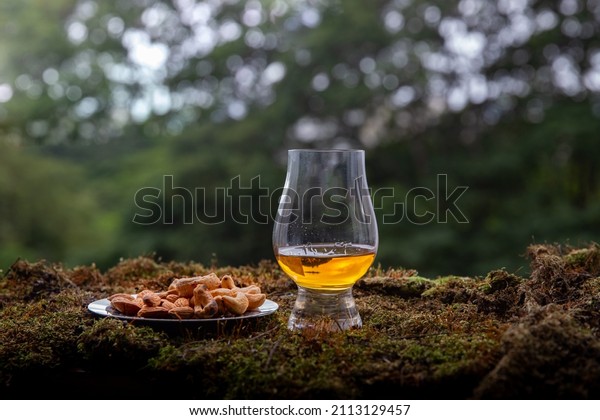 Single
malt scotch whisky in glen cairn glass on rainforest moss in
selective focus . With almonds and cashew
nuts