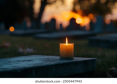 A single, melting candle placed on a cemetery stone, set against the backdrop of a vibrant sunset