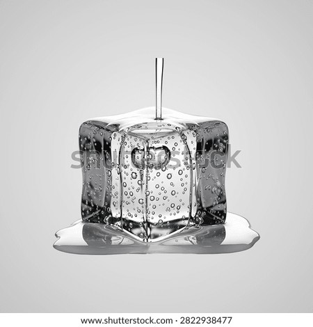 Single melting clear ice cube with water puddle transparent refreshment coldness dripping