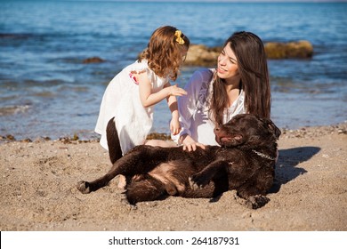 独身の母と少女が犬と一緒に浜辺でぶらぶら下がっているの写真素材