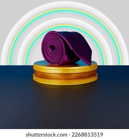 a single neck tie rolled isolated over traditional wooden texture display stand with colourful gradient background, single object, men's fashion accessories display concept, copy space for texting  - Shutterstock ID 2268813519