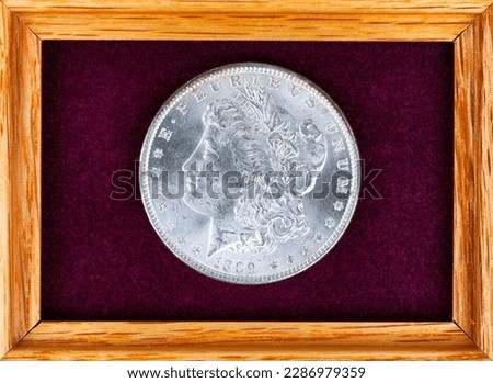 Single old United States silver morgan dollar coin in felt jewelry box for collection  