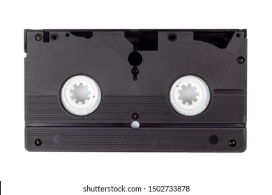 Single Old Vintage Black Blank VHS Video Cassette Isolated On White, Back Side. Retro Technology, Vcr, Outdated Obsolete Vhs Tape, Tech Items From The 80s And 90s. One Videotape On White, Hq Closeup