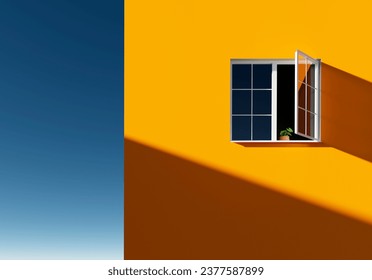 Single open white window in the wall of a large house.