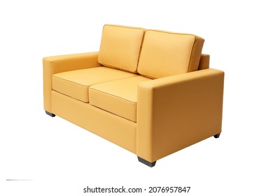 Single Orange Leather Office Sofa Isolated On White Background, Side View. Modern Couch, Furniture, Interior, Home Design