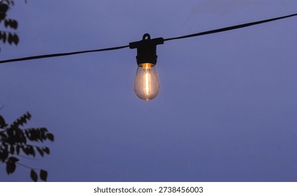 A single outdoor string light bulb glowing softly against a calm twilight sky creates a minimalist and atmospheric scene. The warm filament light contrasts beautifully with the cool blue evening background, symbolizing ideas, inspiration, calmness, and illumination. This image offers generous copy space, making it ideal for design layouts, branding, social media, websites, posters, and conceptual visuals related to creativity, energy, mood lighting, modern lifestyle, and peaceful nighttime ambiance. Clean composition and subtle emotion make it suitable for commercial and creative use.