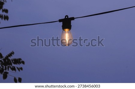 A single outdoor string light bulb glowing softly against a calm twilight sky creates a minimalist and atmospheric scene. The warm filament light contrasts beautifully with the cool blue evening background, symbolizing ideas, inspiration, calmness, and illumination. This image offers generous copy space, making it ideal for design layouts, branding, social media, websites, posters, and conceptual visuals related to creativity, energy, mood lighting, modern lifestyle, and peaceful nighttime ambiance. Clean composition and subtle emotion make it suitable for commercial and creative use.