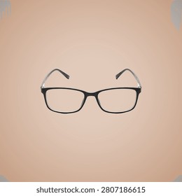 Single pair of clear plastic round eyeglasses resting on warm peach surface.
