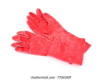 Single Pair Of Heavy Duty Plastic Gloves On A White Background.