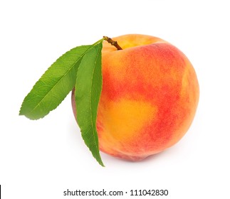 Single  peach with leaves on a white background