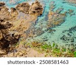 A single person is exploring the tidal pools along a rocky shore with turquoise water