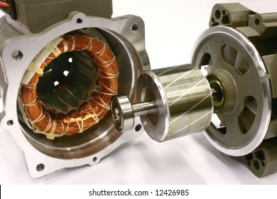 Single phase magnetic induction motor with exposed rotor and coil.