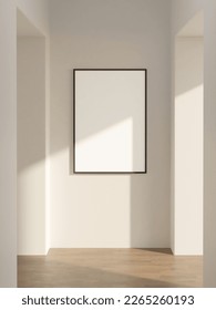 single picture of frame mockup poster hanging on the beige wall in the midlle of the corridor in the minimalist interior