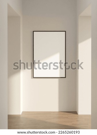 single picture of frame mockup poster hanging on the beige wall in the midlle of the corridor in the minimalist interior