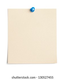 Single Piece Of Paper, Empty For Copy Space, Pinned With A Thumb Tack. Isolated On White Background.