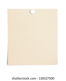 Single Piece Of Paper, Empty For Copy Space, Pinned With A Thumb Tack. Isolated On White Background.