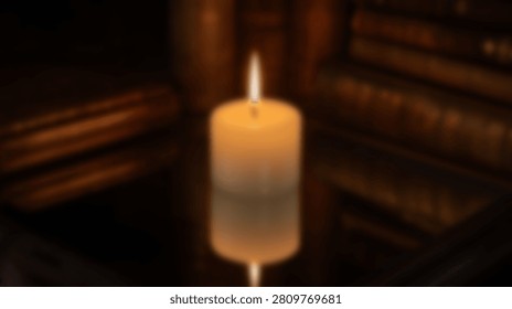 A single pillar candle is lit, casting a warm, inviting glow in a dimly lit room. The background is softly blurred, suggesting a cozy or contemplative atmosphere.