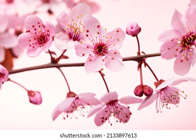 Single pink cherry blossom branch with pink flowers and buds. Macro shot of almond blossom or sakura branch with pink flowers, leaves and petals. Shallow depth of field and soft focus.