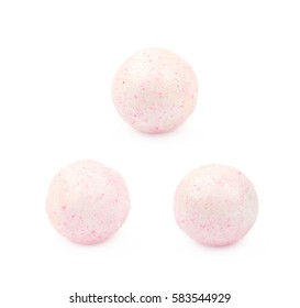 Single Pink Colored Foam Ball Or A Corn Cereal Candy Isolated Over The White Background, Set Of Three Different Foreshortenings