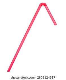 Single pink plastic drinking straw isolated on white background
