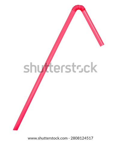 Single pink plastic drinking straw isolated on white background