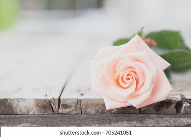 Single Pink Rose Flower On Vintage Wood Table