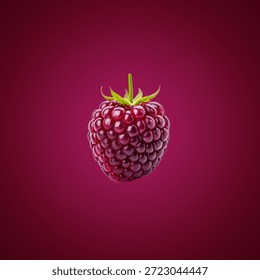 Single, plump raspberry against a deep red background