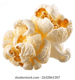 Single popped popcorn kernel fully bloomed isolated on white background