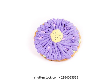 Single Purple Flower Decorated With Royal Icing, Sugar Cookie Isolated Over White