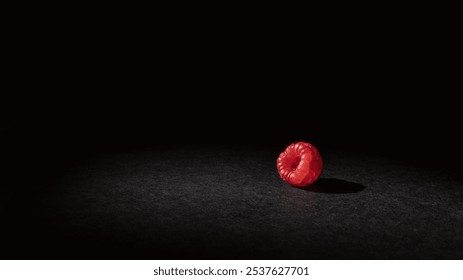 Single raspberry on dark textured background