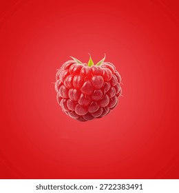Single raspberry on red background