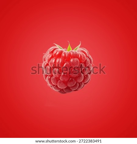Single raspberry on red background