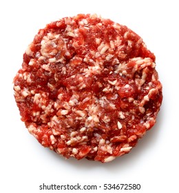 Single Raw Hamburger Patty Isolated On White From Above.