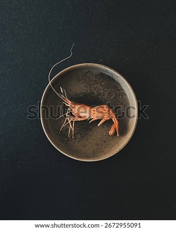 Single raw shrimp resting inside ceramic bowl.