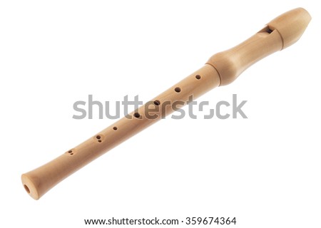 Single recorder. Wooden soprano flute isolated on a white background