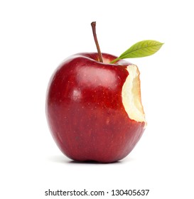 Single Red Apple With A Bite Mark, Isolated On White Background