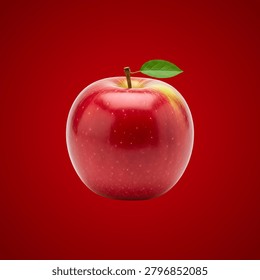 A single red apple with a glossy surface, placed against a solid red background. A single green leaf rests on of the apple, and small water droplets are visible on its surface, suggesting freshness or recent washing. The composition focuses on the apple's vibrant red color, the leaf's contrasting green, and the apple's smooth, reflective texture.