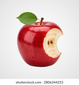 Single red apple with a large bite taken out and a green leaf attached on white