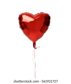 Single Red Big Heart Metallic Balloon For Birthday Isolated On A White Background