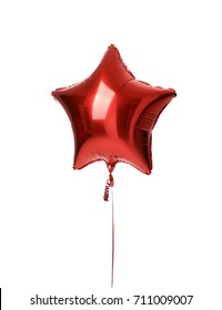 Single Red Big Star Metallic Balloon Object For Birthday Isolated On A White Background