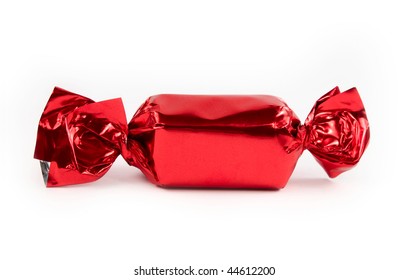 Single Red Candy Wrapped Isolated On White