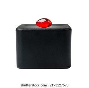 Single Red Capsule Isolated. Analgesic Pill, Painkiller Drugs, Sedative Medicine Gel Capsules On White Background