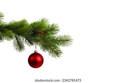 Single Red Christmas glass ball hanging from a pine branch, isolated on white with copy space.  - Shutterstock ID 2342781473
