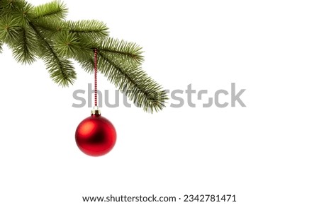 Single Red Christmas glass ball hanging from a pine branch, isolated on white with copy space. 