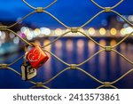 A single red love lock attached to the mesh of Passerelle Simone-de-Beauvoir, with the Parisian nightscape softly blurred in the background