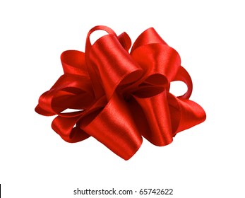 Single Red Ribbon Satin Gift Bow Isolated On White