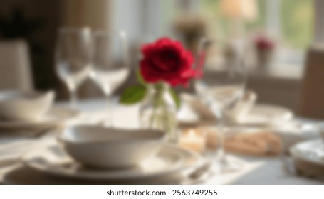 A single red rose in a vase on an elegant dining table set with glasses and plates. Ideal for romantic or dining themes - Powered by Shutterstock